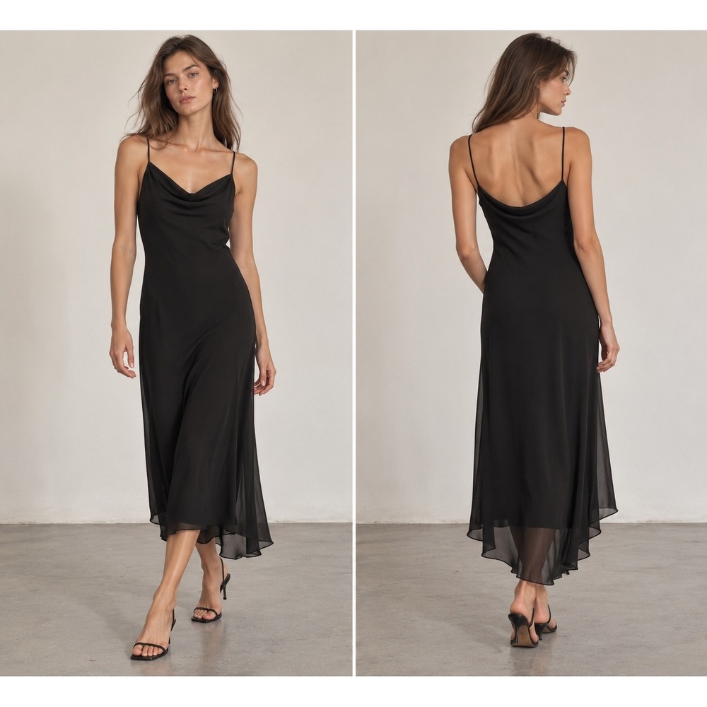 VTG 90s Y2K Chiffon Cowl Neck Slip Dress 5/6 Black Asymmetrical Whimisgoth Chic